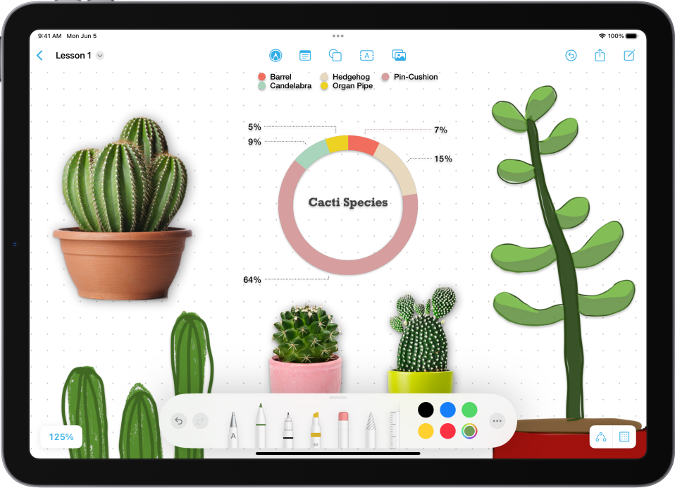 Tabule aplikace Freeform s kresbami rostlin a kreslicími nástroji u dolního okraje.