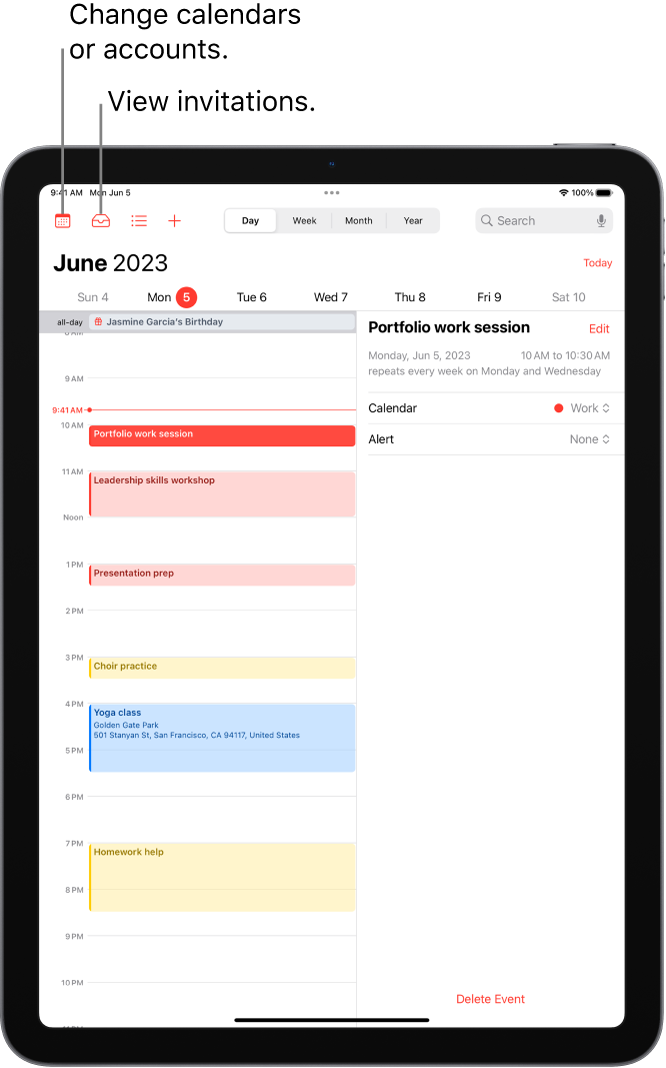 A calendar in Day view. The buttons at the top center let you change the view between Day, Week, Month, and Year. The Calendars button is at the top left of the screen, and the Inbox button is near the top left.