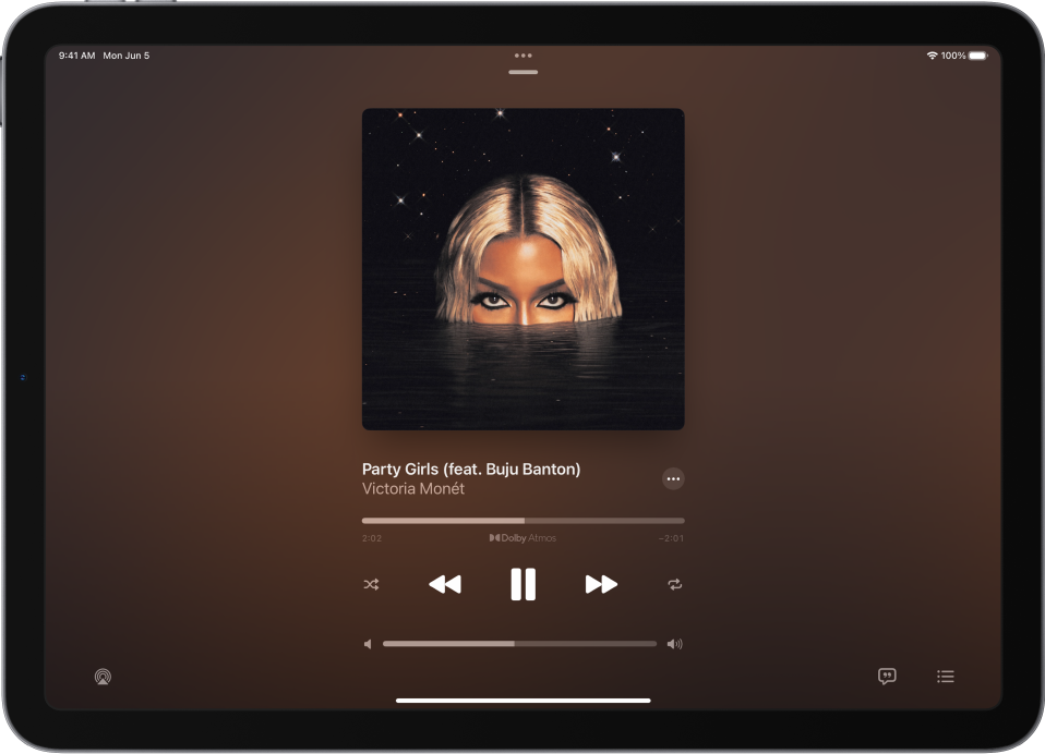 The Now Playing screen showing the album art. Below are the song title, artist name, More button, playhead, play controls, volume slider, Playback Destination button, Lyrics button, and Queue button. The Hide Now Playing button is at the top.