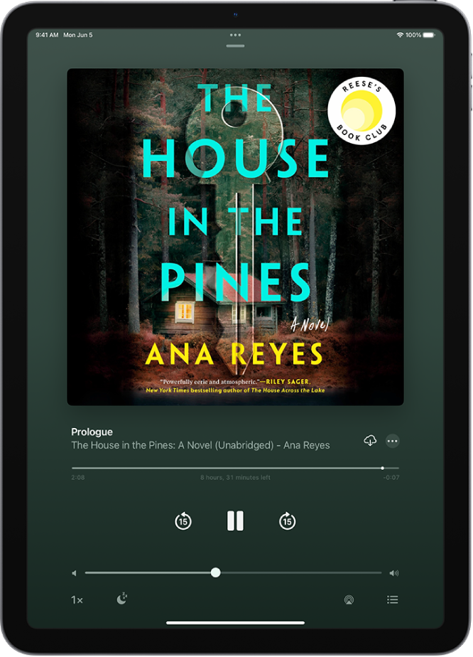 The audiobook player screen showing, from top to bottom, the audiobook cover, the name of the section that’s playing, the playhead, pause button, and the skip forward and back buttons. At the bottom is the volume slider and below that are buttons for controlling playback speed, setting a sleep timer, choosing a playback destination, and viewing a list of the book’s tracks.