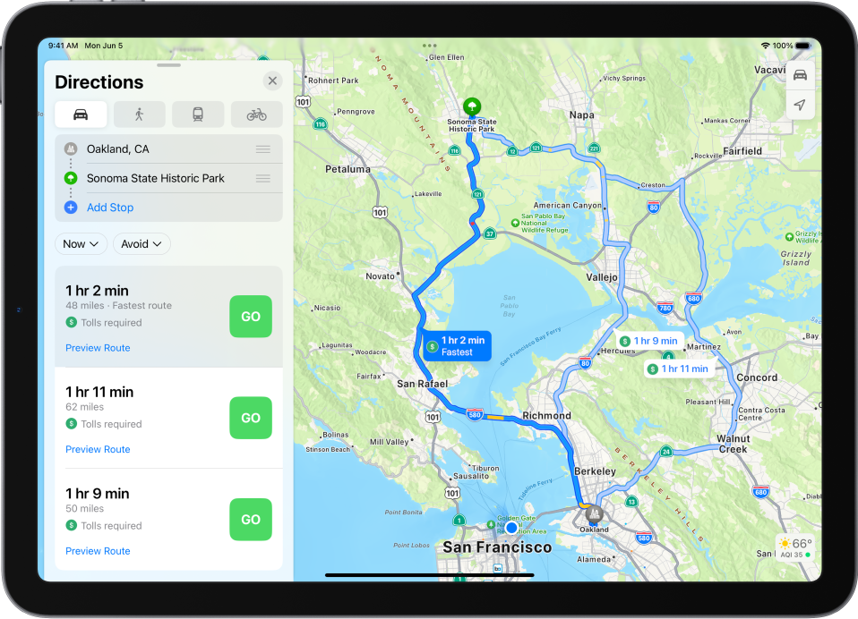 An iPad with a map of driving routes with distance, estimated duration, and Go buttons. Each route shows color coding for traffic conditions.