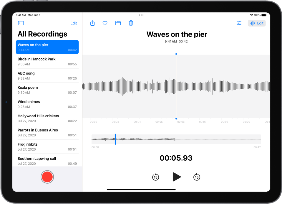A recording made in Voice Memos. The list of all recordings is on the left, with a selected recording at the top. On the right, the recording has a playhead, which you can drag the waveform through to go to a specific place in the recording, and a timeline below the waveform. Above the waveform are the Share, Favorite, Move, Delete, Playback Settings, and Edit buttons. Below the timeline are buttons to skip back 15 seconds, play, and skip forward 15 seconds.