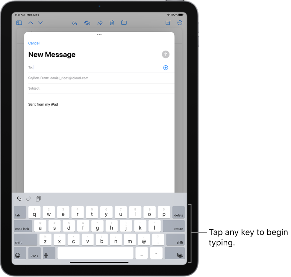 A blank email is open in the Mail app. The onscreen keyboard is in the bottom half of the screen.