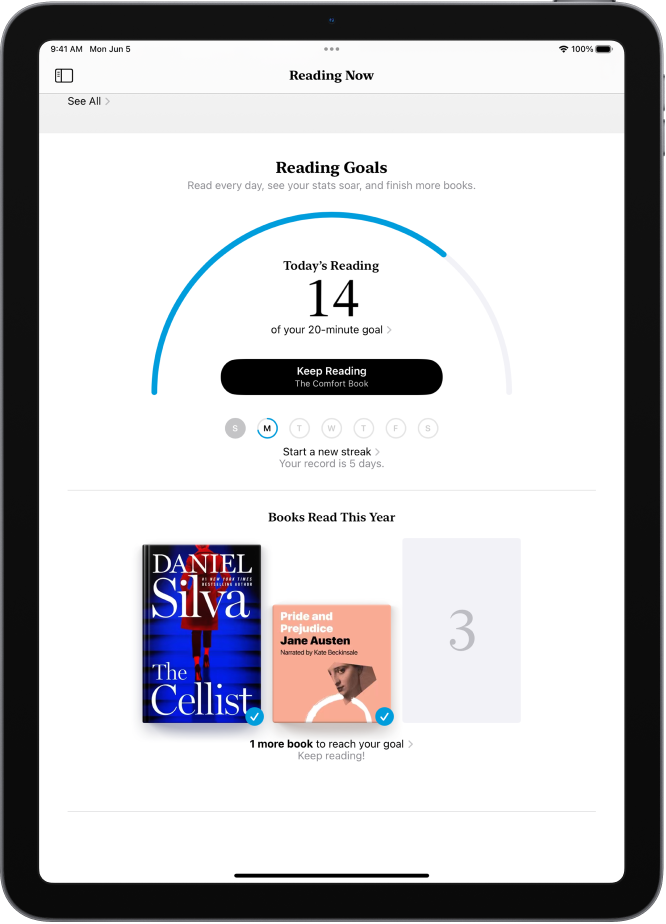 Lukutavoitteet-näyttö, jossa näkyy käyttäjän tilastot – lukeminen tänään, viikon lukuennätys sekä tänä vuonna luetut kirjat.
