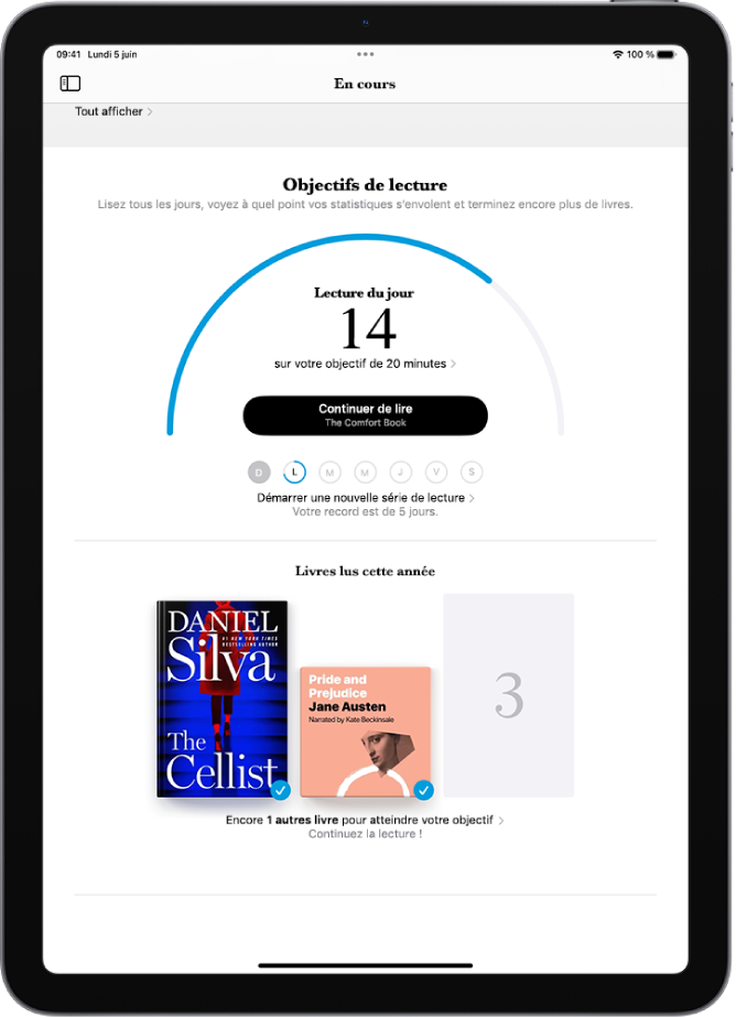 L’écran « Objectifs de lecture » affiche les statistiques de l’utilisateur, telles que la lecture du jour, son historique de lecture pour la semaine et les livres lus cette année.