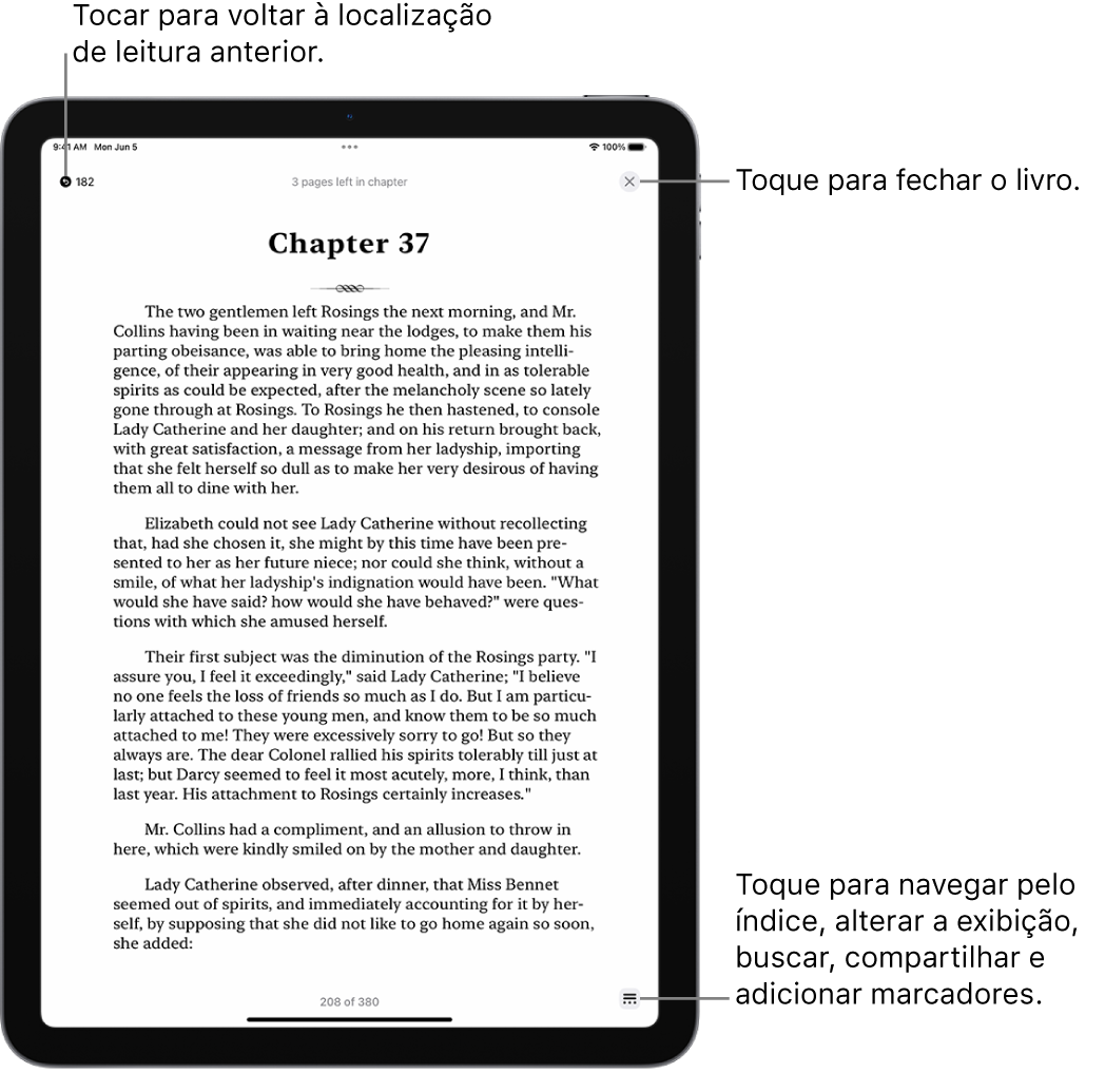 Página de um livro no app Livros. Na parte superior da tela há botões para voltar para a página onde você começou a ler e para fechar o livro. Na parte inferior direita da tela está o botão Menu.