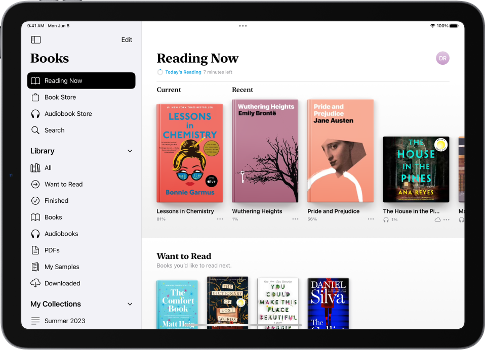 Tela Lendo Agora no app Livros, mostrando as seções Atual, Recente e Quero Ler.