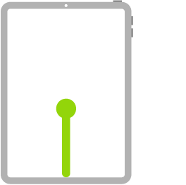Uma ilustração do iPad. Com início na parte inferior do ecrã, uma linha que termina com um ponto no centro do ecrã indica um gesto de arrastar e pausar.