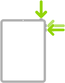 Ilustração do iPad com setas a apontar para o botão superior e para os botões para aumentar e diminuir o volume, em cima, à direita.