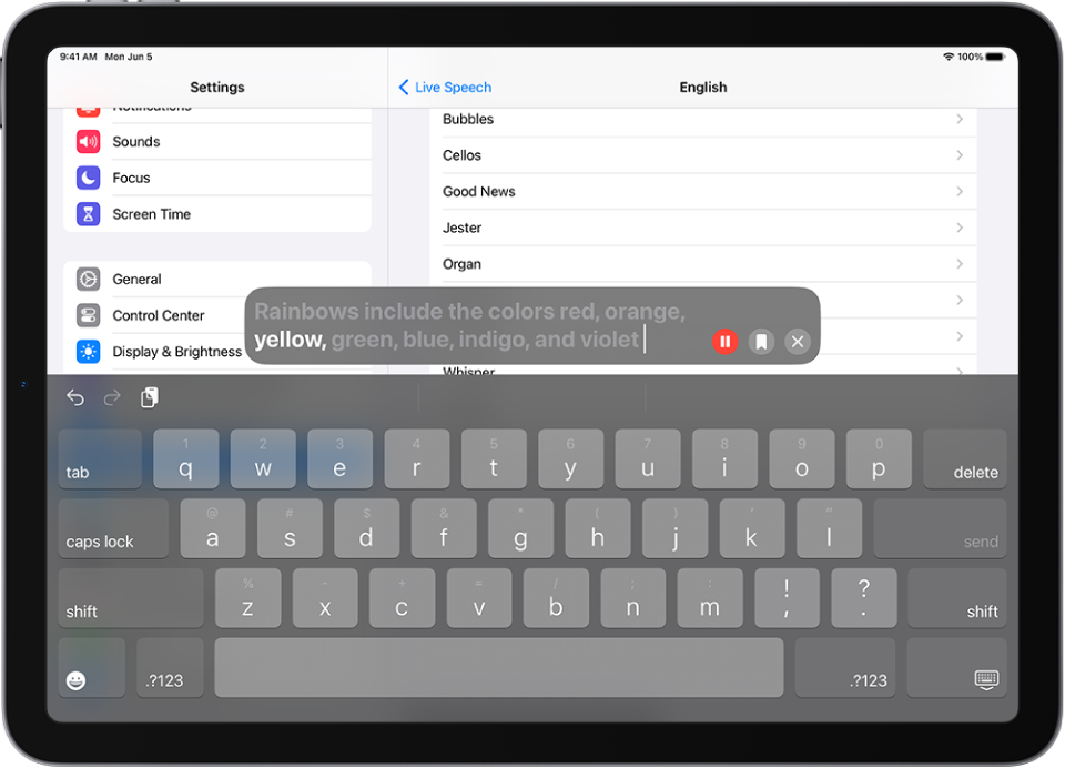 Funcționalitatea Enunțare live de pe iPad citește cu voce tare orice text inserat.
