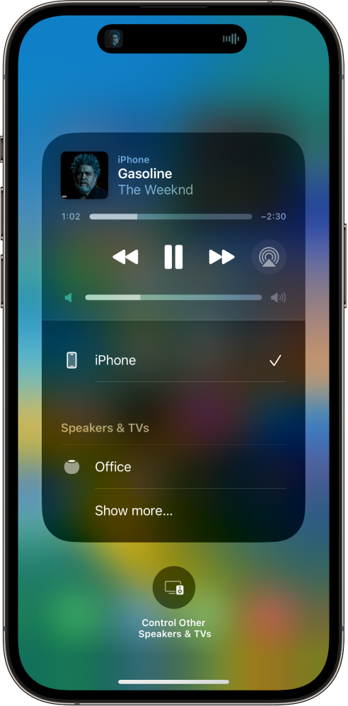 On an iPhone’s screen, a song is playing and a list of devices and speakers is showing. iPhone is selected, and HomePod is an option below.