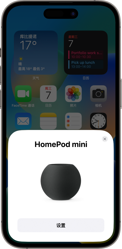 iOS 或 iPadOS 设备靠近 HomePod 时出现的设置屏幕。