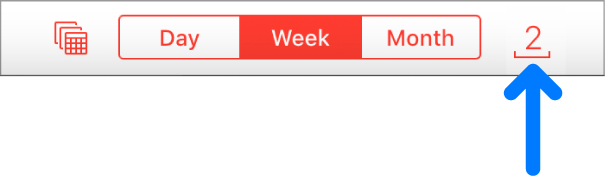 An arrow points to the number of unread calendar notifications, which appears next to the options to change the calendar view to Day, Week, or Month.