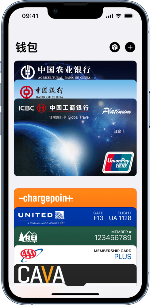“钱包”屏幕，显示几张付款卡和凭证。