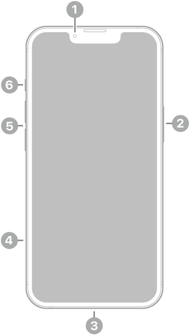 iPhone 13 前视图。前置摄像头位于顶部中央。侧边按钮位于右侧。闪电接口位于底部。左侧从下到上分别是 SIM 卡托、音量按钮和响铃/静音开关。