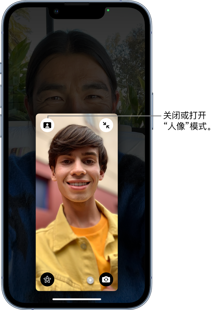 来电者方块放大的 FaceTime 通话，方块左上角显示一个用于开关“人像”模式的按钮。