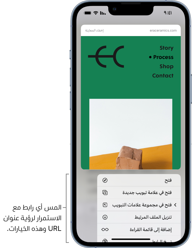 معاينة عنوان URL الوجهة متبوعًا بقائمة من الإجراءات المحتملة: فتح وفتح في مجموعة علامات تبويب جديدة وتنزيل الملف المرتبط وإضافة إلى قائمة القراءة، ونسخ الرابط.