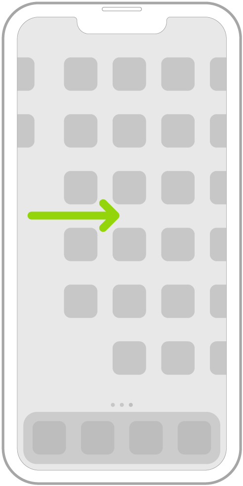 رسم توضيحي يعرض التحريك لليمين لتصفح التطبيقات الموجودة على صفحات الشاشة الرئيسية.