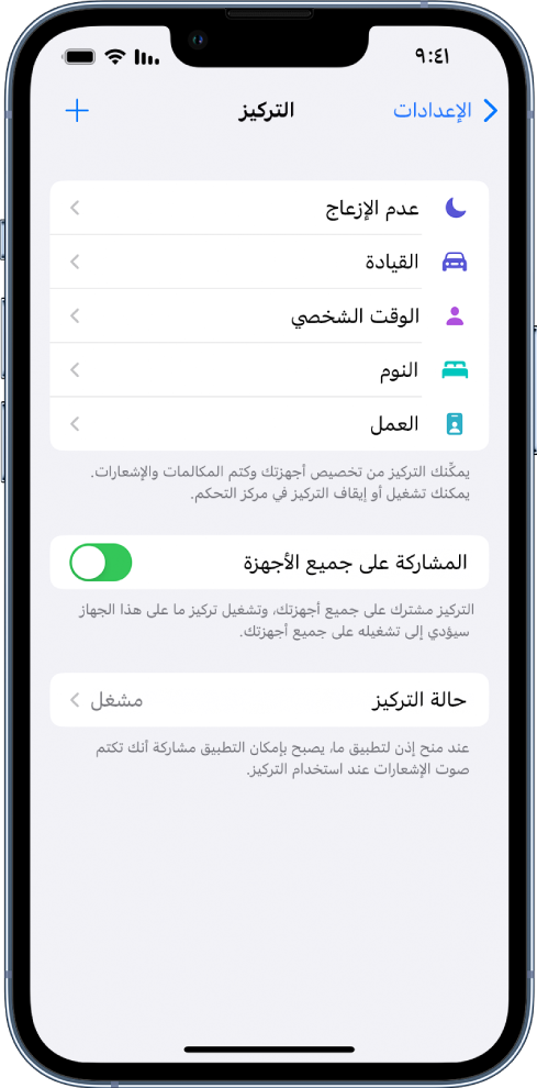 شاشة تعرض خمسة خيارات تركيز متوفرة - عدم الإزعاج والقيادة والوقت الشخصي والنوم والعمل. يتيح لك زر المشاركة على جميع الأجهزة استخدام نفس إعدادات التركيز على جميع أجهزة Apple التي سجلت الدخول إليها باستخدام Apple ID نفسه.