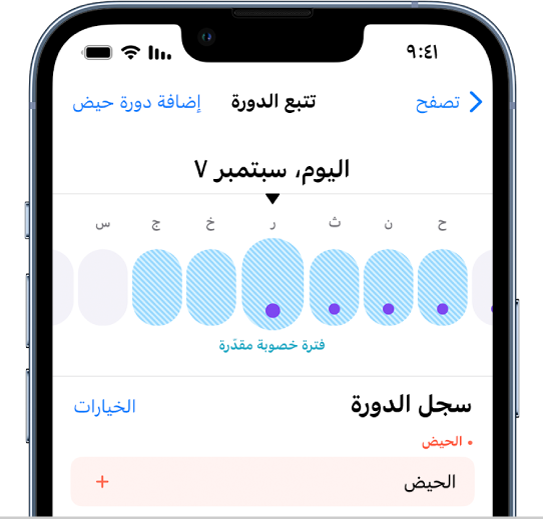 شاشة تتبع الدورة بها خط زمني في الأعلى يعرض فترة الخصوبة المقدرة.