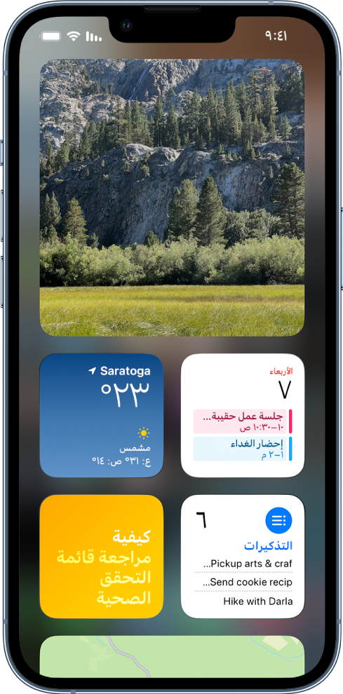 الأدوات في معرض أدوات iPhone، وتشمل أدوات الصور والتقويم والطقس.