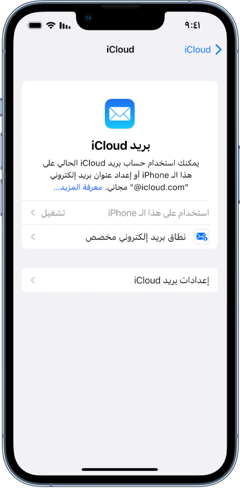 في النصف العلوي من شاشة بريد iCloud، تم تشغيل "استخدام على هذا الـ iPhone". أسفل ذلك تظهر خيارات إعدادات نطاق البريد الإلكتروني المخصص، وإعدادات بريد iCloud.
