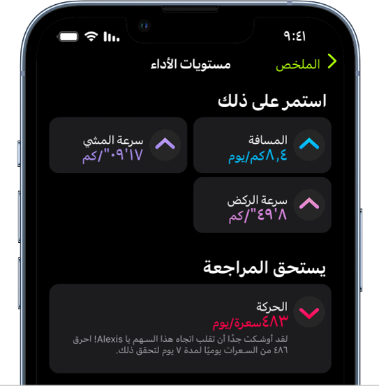 شاشة مستويات الأداء في تطبيق اللياقة، تعرض قياسات المسافة وسرعة المشي وسرعة الركض والسعرات الحرارية النشطة التي تم إحراقها.