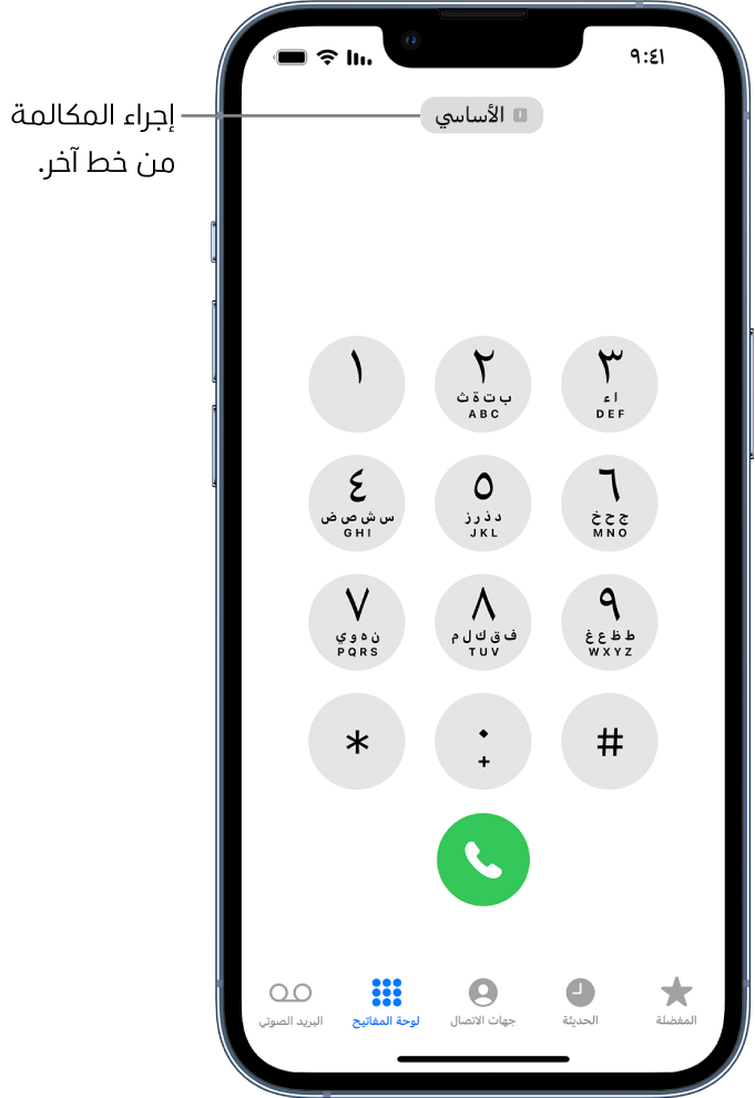 لوحة مفاتيح الهاتف. على طول الجزء السفلي من الشاشة، تظهر علامات التبويب من اليمين إلى اليسار، وهي المفضلة والحديثة وجهات الاتصال ولوحة المفاتيح والبريد الصوتي.