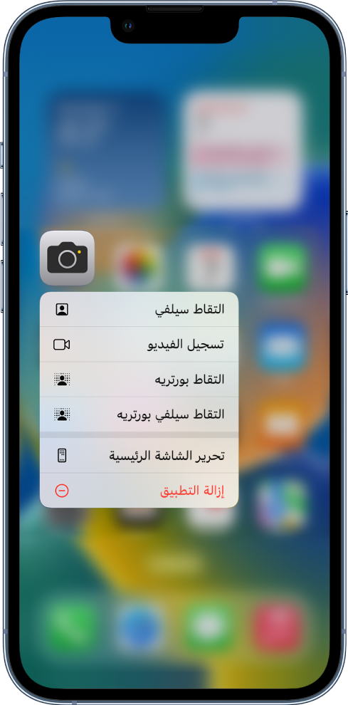 الشاشة الرئيسية باهتة، وتظهر عليها قائمة الإجراءات السريعة للكاميرا أسفل تطبيق الكاميرا.