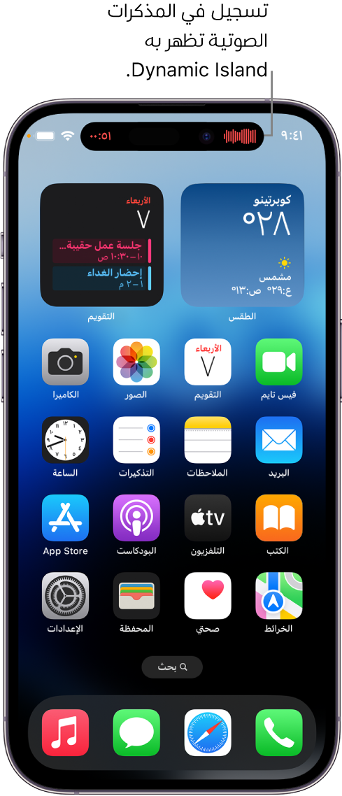 شاشة iPhone 14 Pro الرئيسية، تعرض تسجيلاً في المذكرات الصوتية في Dynamic Island.