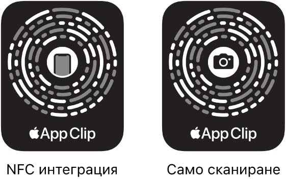 От лявата страна, NFC-интегриран код за Изрезка от приложение с iPhone иконка в центъра. Вдясно има Изрезка от приложение с код за сканиране с иконка на камера в центъра.