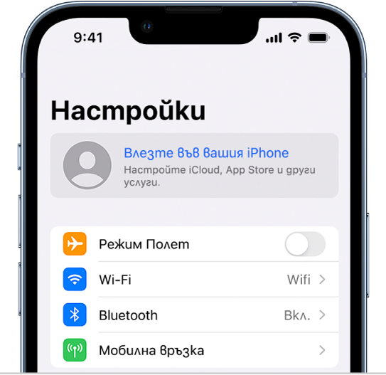 Екранът Настройки, в който е избран надпис Вход във вашия iPhone.