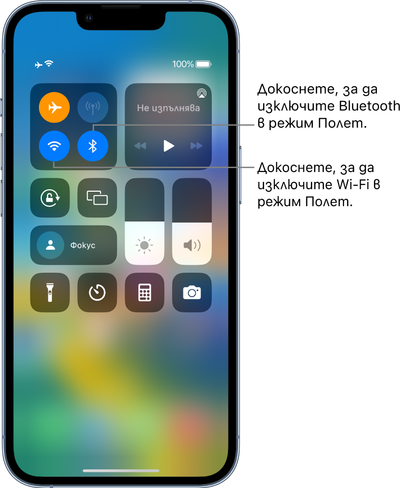 Контролен център с включен режим Полет. В горната лява група с бутони за управление са бутоните за Wi-Fi (долу вляво) и Bluetooth (Долу вдясно).