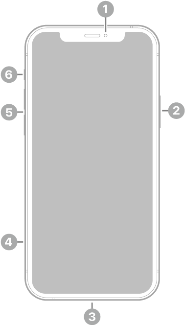 Поглед отпред на iPhone 12. Предната камера е горе в средата. Страничният бутон е от дясната страна. Lightning съединителят е отдолу. От долу нагоре вдясно са разположени поставката за SIM карта, бутоните за сила на звука и превключвателят със/без звук.