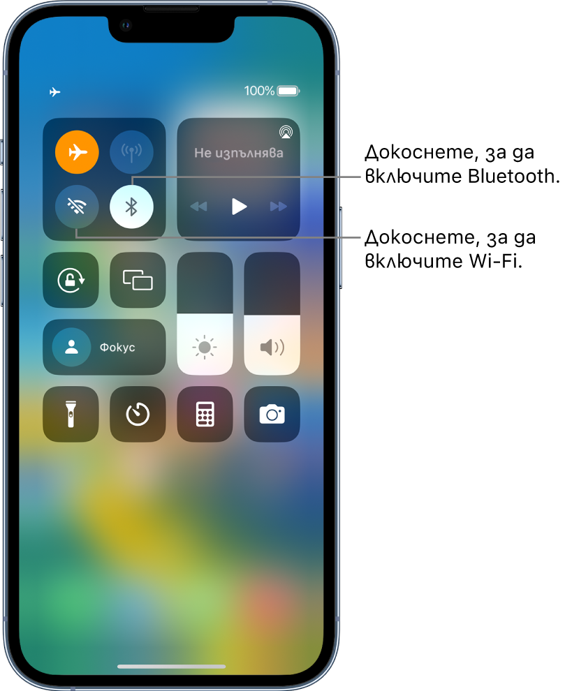 Контролен център с включен режим Полет. Бутоните за включване на Wi-Fi и Bluetooth са близо до горния ляв ъгъл на Контролен център.