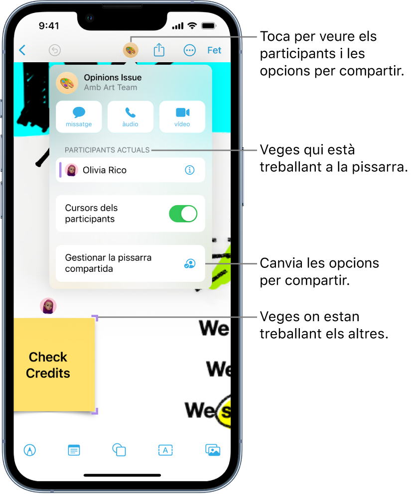 Pissarra compartida amb el menú de col·laboració visible.
