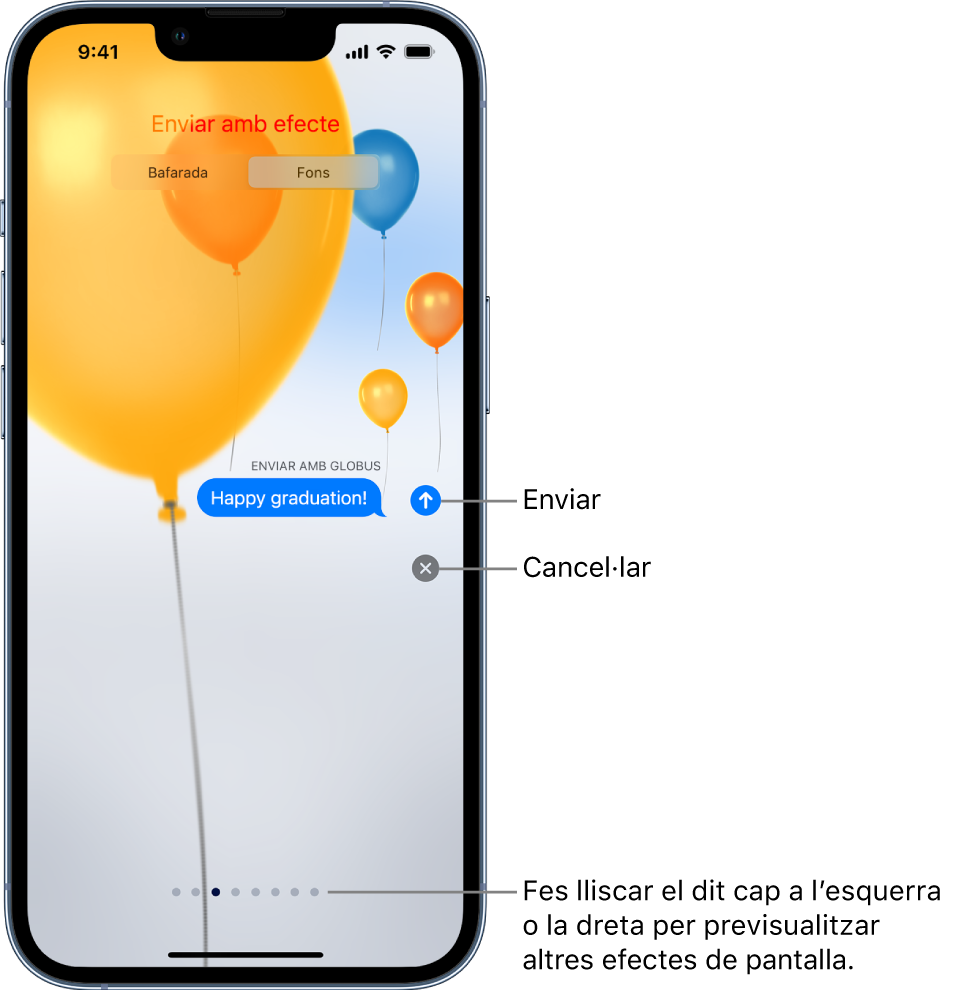 Previsualització d’un missatge on es mostra un efecte de pantalla completa amb globus.
