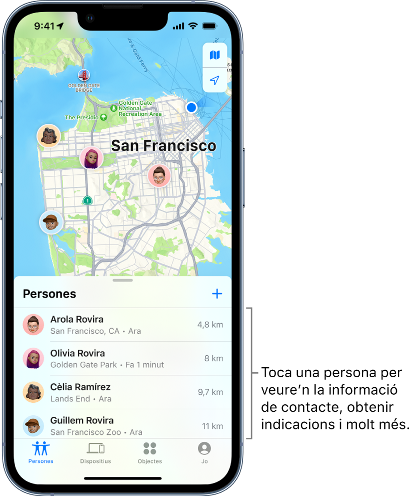 Pantalla de l’app Buscar oberta per la llista Persones. A la llista hi ha quatre persones: Anna Rius, Olívia Rius, David Rovira i Guillem Rius. Es mostren les seves ubicacions al mapa de San Francisco.