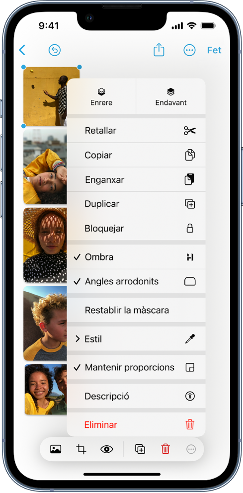Pissarra de l’app Freeform amb diverses fotos. Una de les fotos està seleccionada, i les eines de format són visibles.