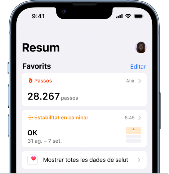 Pantalla Resum de l’app Salut. A sota de Favorits hi ha informació sobre l’estabilitat en caminar.