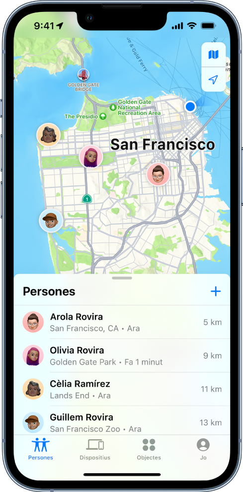 Pantalla de l’app Buscar que mostra la llista Persones i les seves ubicacions al mapa de San Francisco.