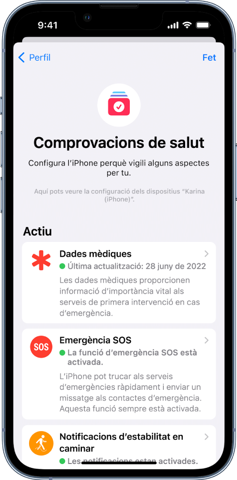 Pantalla “Comprovacions de salut” que mostra que les opcions “Dades mèdiques” i “Notificacions d’estabilitat en caminar” estan activades.