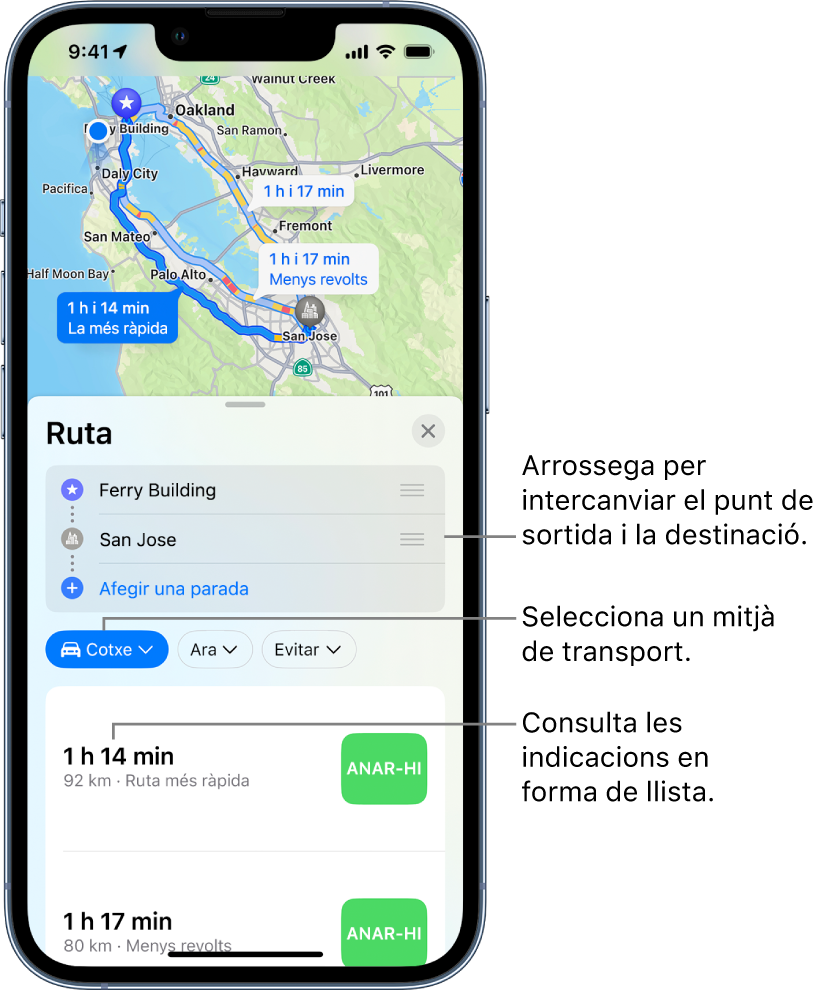 Mapa que mostra diverses rutes en cotxe entre dues ubicacions, amb opcions per canviar el punt d’inici i la destinació, seleccionar altres modes de transport i veure les indicacions en una llista.