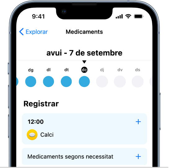 Pantalla Medicaments de l’app Salut que mostra una línia de temps i un registre per als medicaments.