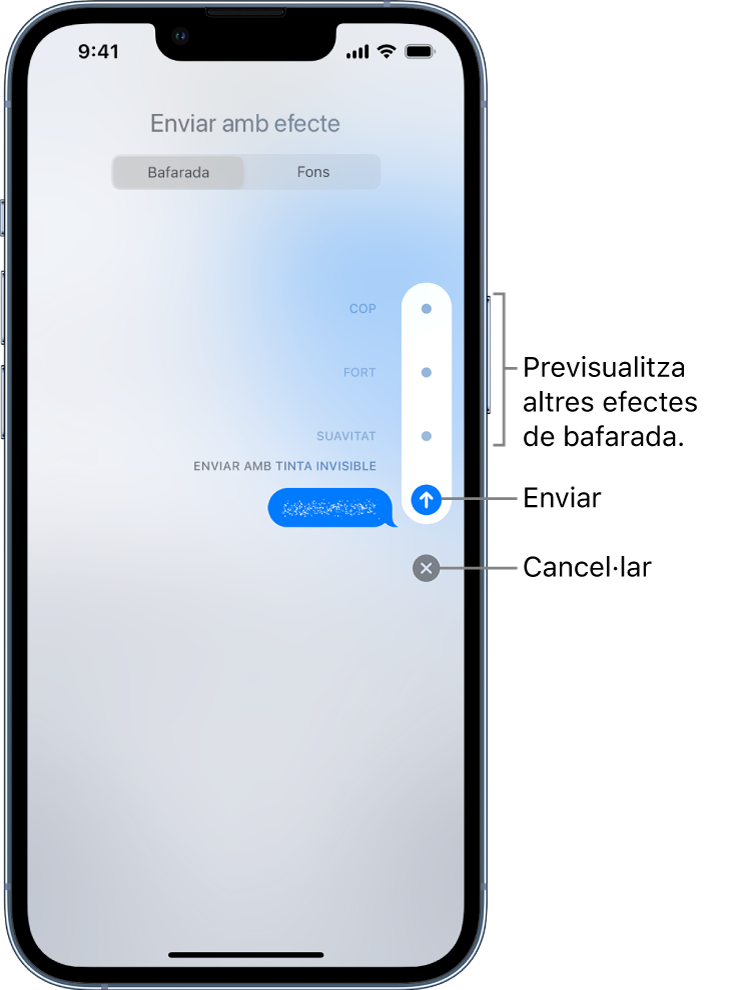 Previsualització d’un missatge amb l’efecte “Tinta invisible”. A la dreta, els controls mostren previsualitzacions d’altres efectes de bafarada i els botons “Enviar” i “Cancel·lar”.