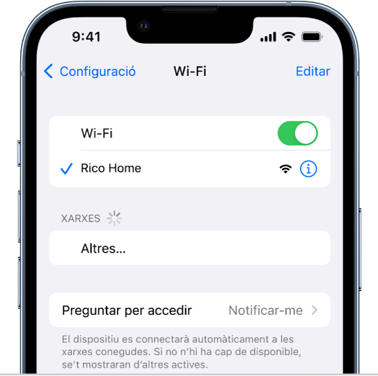 Pantalla d’opcions de la Wi-Fi a l’app Configuració. La Wi-Fi està activada i hi ha una xarxa seleccionada.
