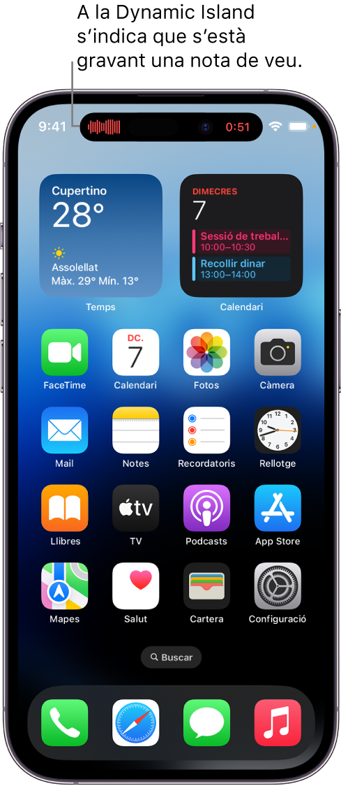 Pantalla d’inici de l’iPhone 14 Pro, amb una gravació en curs de l’app Notes de Veu a la Dynamic Island.