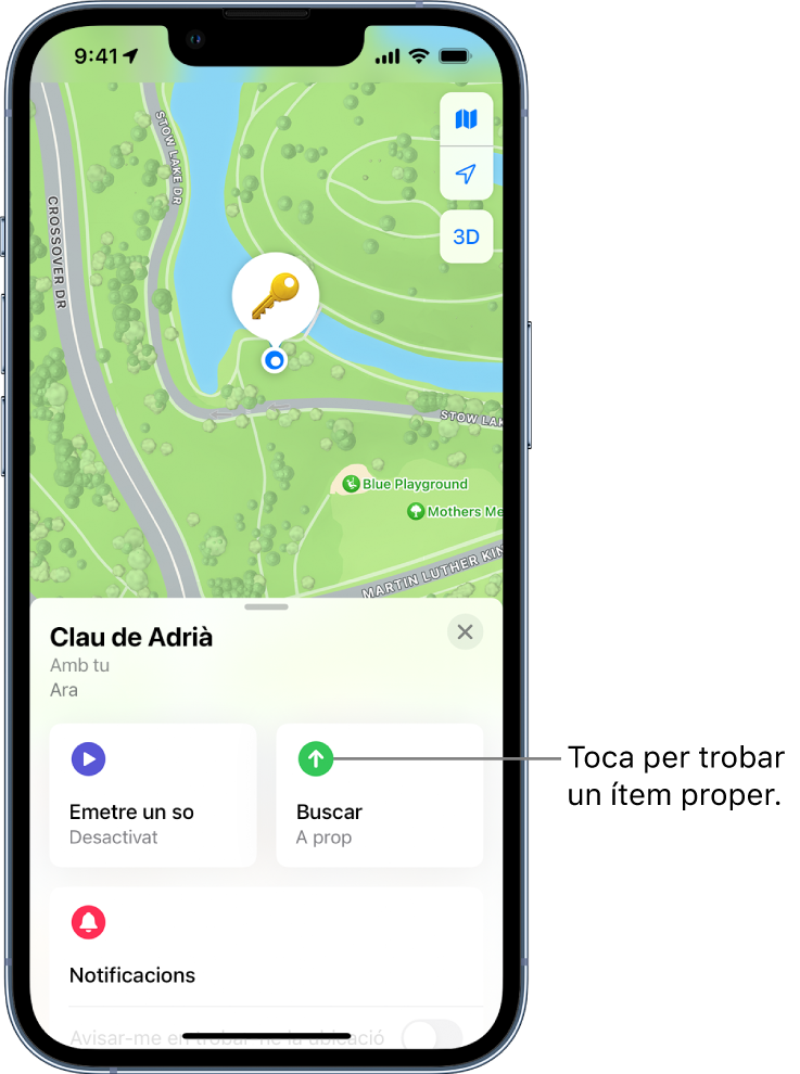 L’app Buscar oberta que mostra les claus de l’Adrià al Golden Gate Park. Toca el botó “Buscar” per localitzar un objecte proper.