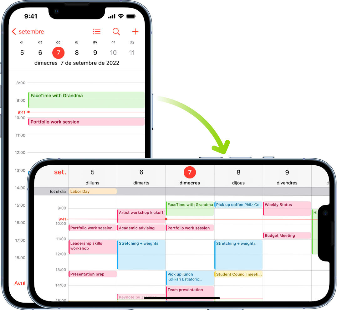 Al fons, l’iPhone mostra una pantalla amb un calendari on apareixen els esdeveniments d’un dia en orientació vertical; en primer pla, l’iPhone es troba en orientació horitzontal i es mostren els esdeveniments del calendari per a tota la setmana, que inclou aquell mateix dia.