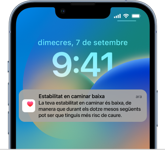 Pantalla bloquejada amb una notificació d’“Estabilitat en caminar baixa”.
